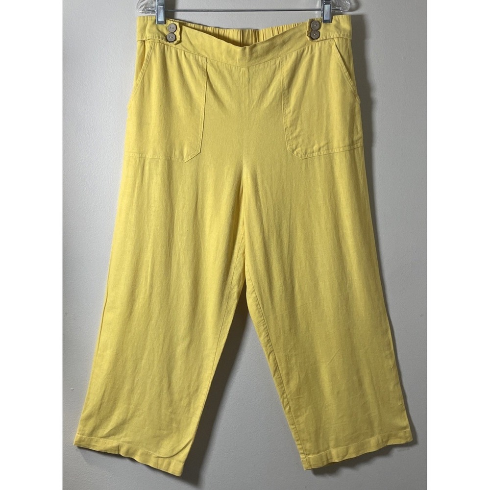 Calligraphie Bright Yellow Linen Blend Wide Leg Cropped Pants Women's Large